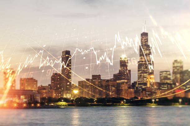 абстрактный виртуальный финансовый график голограммы на фоне чикаго городской, финансовой и торговой концепции. мультиэкспозиция - chicago built structure business forecasting стоковые фото и изображения