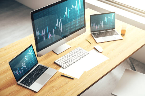 istock Modern computer monitor with abstract creative financial chart, research and strategy concept. 3D Rendering 1490070416