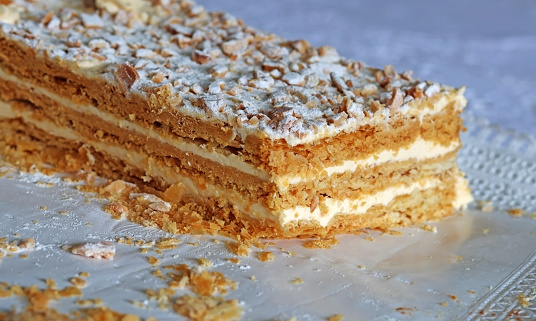 A typical puff pastry cake from the city of Torrelavega, in Cantabria, Spain. Dessert with cream