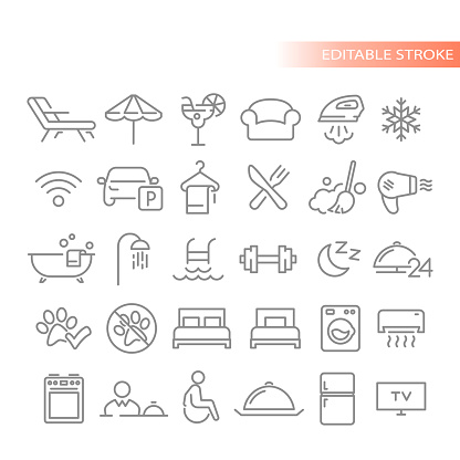 Pool, fitness and bed outlined icons