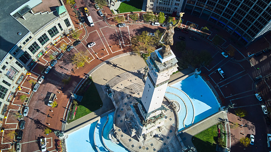 Image of Aerial looking down at Soldiers & Sailors Monument and monument circle in Indianapolis, Indiana