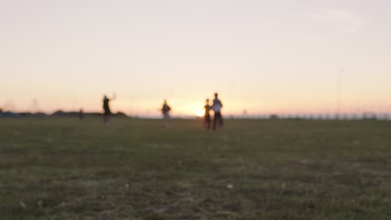 group of happy children portrait running playing in grass field at sunset enjoying fun games together