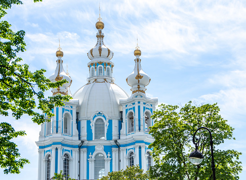 The Dormition Cathedral at the landmark Kiev Pechersk Lavra monastery in Kyiv Ukraine on a sunny day, a UNESCO World Heritage Site.