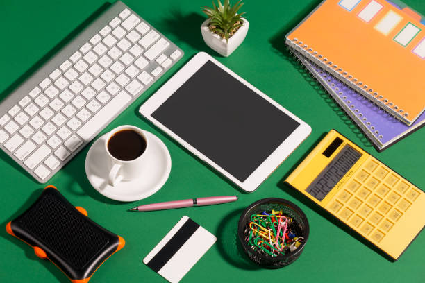 istock Items for business and accounting on a bright, colored background. 1490079427