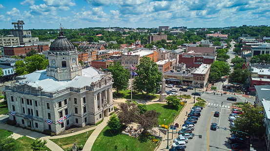 Image of Bloomington Indiana downtown The Square with courthouse aerial
