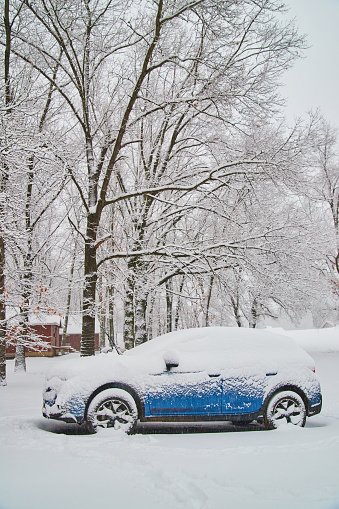 Image of Blue car covered in snow after storm surrounded by trees and a cabin
