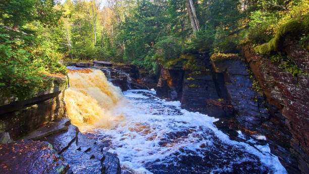 istock Blue river with a golden and brown waterfall in a small canyon with a forest on both sides 1490080477