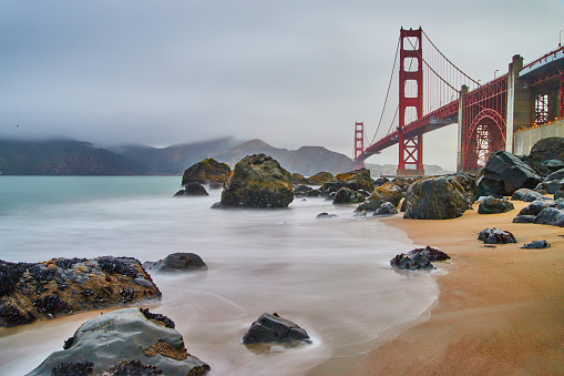 Image of Blurry waves of water hitting sandy and rocky beach southwest of Golden Gate Bridge