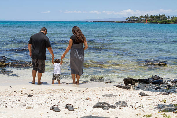 Family At The Seashore Young parents helping their toddler get his feet wet at the beach. big island hawaii islands photos stock pictures, royalty-free photos & images