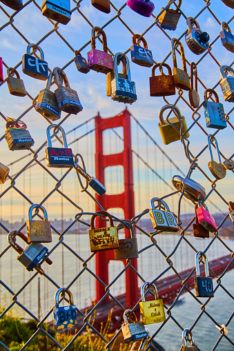 Image of Chain link fence covered in locks with Golden Gate Bridge in distance