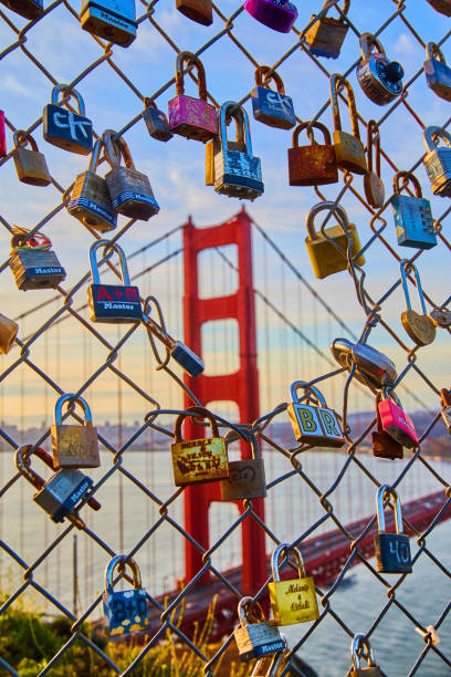 chain link fence covered in locks with golden gate bridge in distance - ferris wheel fotos imagens e fotografias de stock