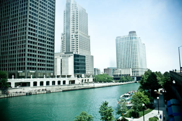 Image of Chicago skyline from the Chicago River with muted colors