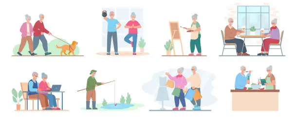 Vector illustration of Senior people hobbies and leisure activities set. Healthy active lifestyle retiree for grandparents.