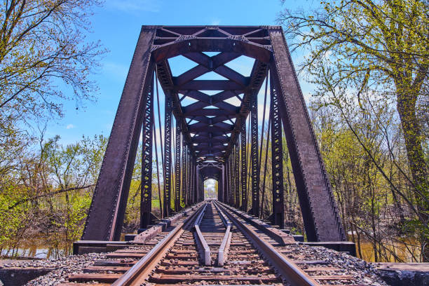 Image of Close up on train tracks with old bridge over water