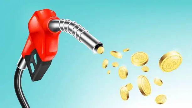 Vector illustration of Gasoline red fuel pump nozzle isolated with sucking money coin on blue background, oil industry and refuel service concept, vector illustration