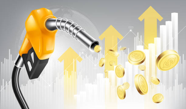 illustrations, cliparts, dessins animés et icônes de concept de hausse des prix du pétrole essence jaune buse de pompe à carburant aspirant pièce de monnaie sur le graphique à barres de croissance arrière-plan, illustration vectorielle - gas station fuel pump station gasoline