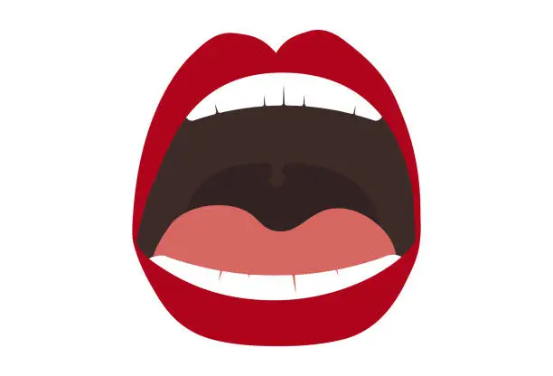 Vector illustration of Screaming or surprising female mouth isolated on white. Shouting emotional lips of young woman. Hand drawn flat vector illustration in cartoon style. Decorative design element, sticker, label.