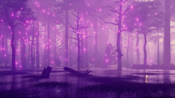 istock Night forest with mystical fairy firefly lights 1490090482