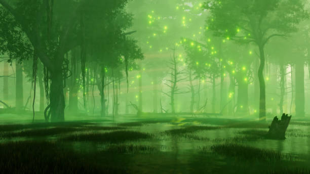 istock Swampy night forest with magical firefly lights 1490090484