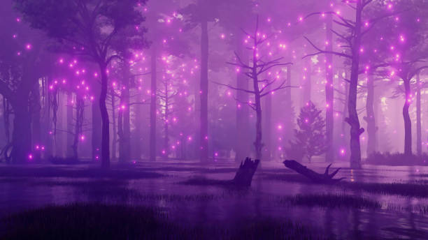 istock Night forest swamp with mystical firefly lights 1490090486