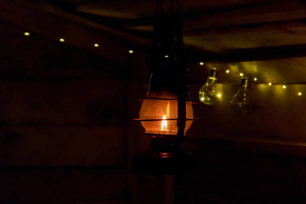 istock Vintage gas lamp with burning light in the night 1490092110