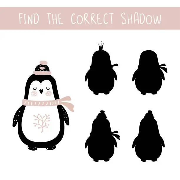 Vector illustration of Educational shadow matching game with doodle penguin for children. Wildlife in scandinavian style. Logic game for kids. Workbook template. Find the correct shadow.