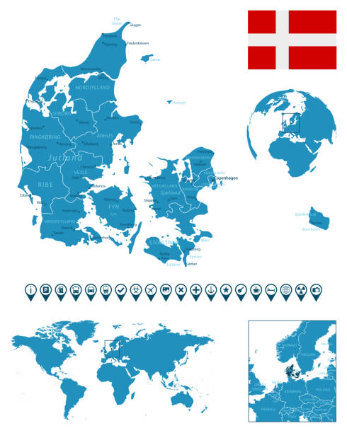 Denmark - detailed blue country map with cities, regions, location on world map and globe. Infographic icons. Denmark - detailed blue country map with cities, regions, location on world map and globe. Infographic icons. Vector illustration aalborg stock illustrations
