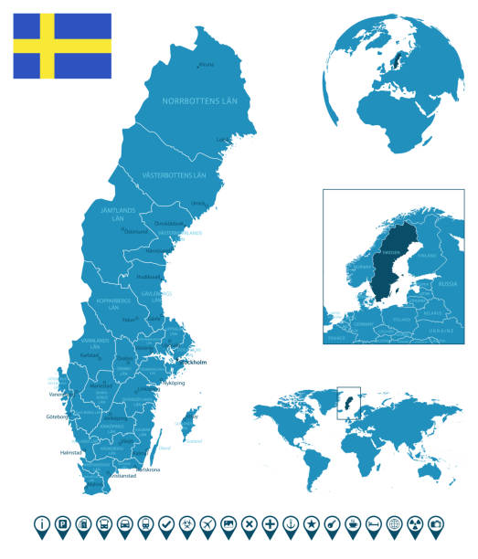 스웨덴 - 도시, 지역, 세계지도 및 지구본의 위치가 포함 된 상세한 파란색 국가지도. 인포그래픽 아이콘. - sweden map stockholm vector stock illustrations