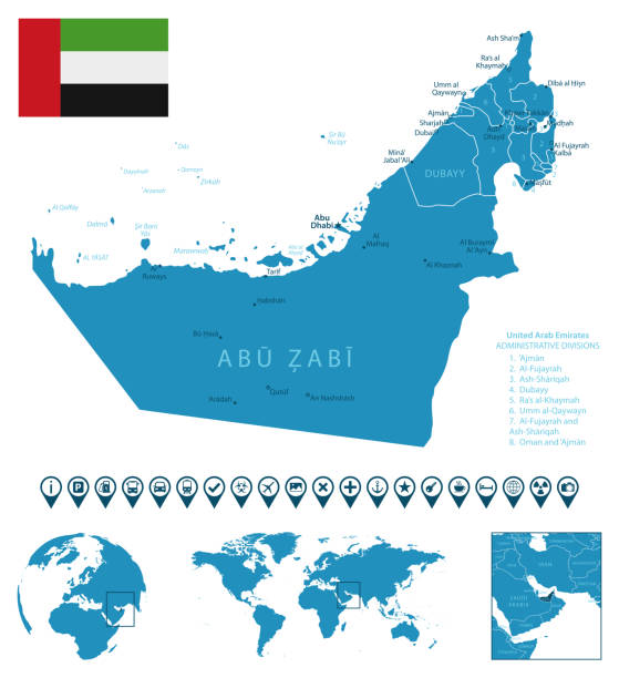 United Arab Emirates - detailed blue country map with cities, regions, location on world map and globe. Infographic icons. United Arab Emirates - detailed blue country map with cities, regions, location on world map and globe. Infographic icons. Vector illustration united arab emirates flag map stock illustrations