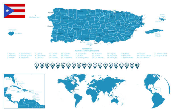 puerto rico - detaillierte blaue landkarte mit städten, regionen, lage auf weltkarte und globus. infografik-symbole. - puerto rico map vector road stock-grafiken, -clipart, -cartoons und -symbole