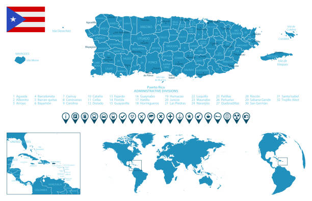 ilustrações de stock, clip art, desenhos animados e ícones de puerto rico - detailed blue country map with cities, regions, location on world map and globe. infographic icons. - puerto rico map vector road