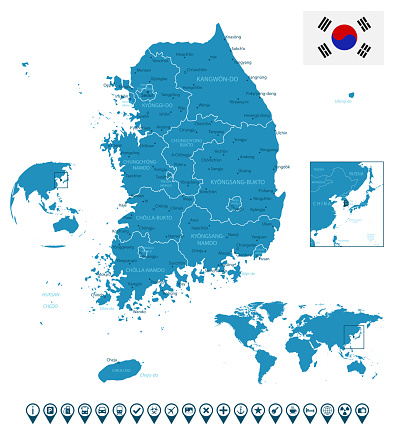 South Korea - detailed blue country map with cities, regions, location on world map and globe. Infographic icons. Vector illustration
