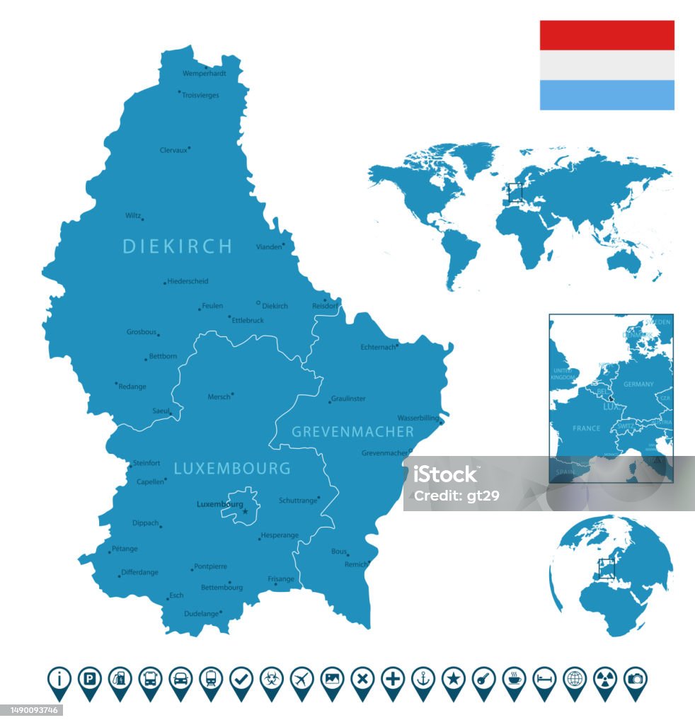 ルクセンブルク 都市地域世界地図と地球上の位置と詳細な青い国の地図インフォグラフィックアイコン アイコンのベクターアート素材や画像を多数ご
