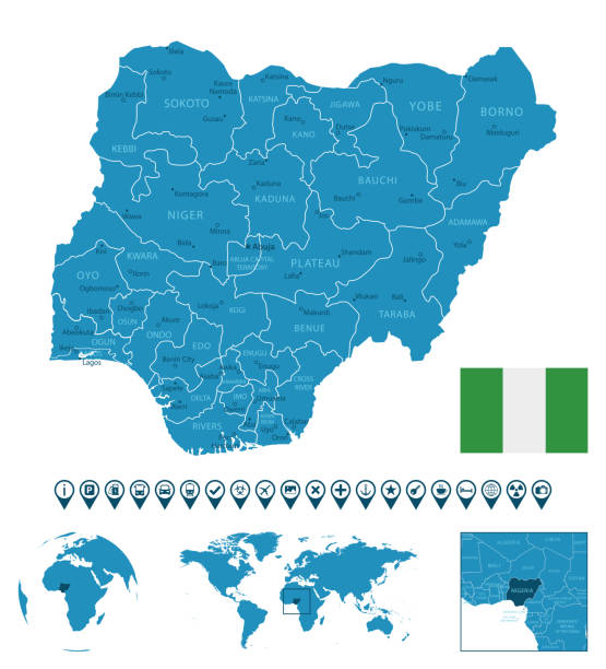 Nigeria - detailed blue country map with cities, regions, location on world map and globe. Infographic icons. Nigeria - detailed blue country map with cities, regions, location on world map and globe. Infographic icons. Vector illustration oyo state stock illustrations
