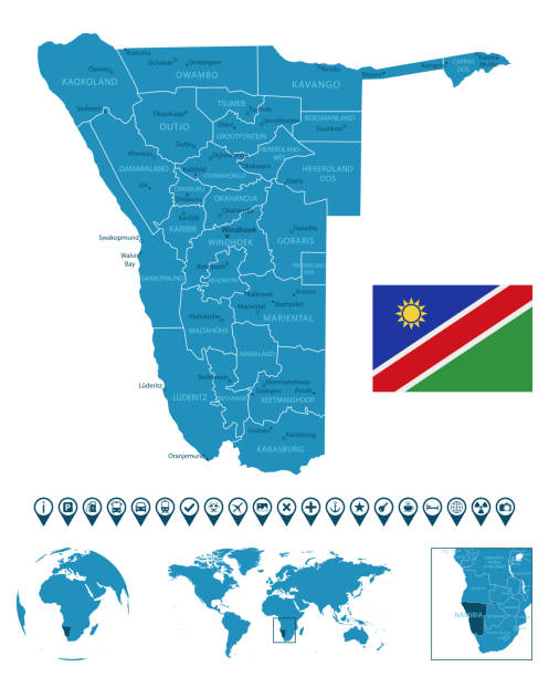 ナミビア - 都市、地域、世界地図と地球上の位置と詳細な青い国の地図。インフォグラフィックアイコン。 - map namibia vector travel locations点のイラスト素材／クリップアート素材／マンガ素材／アイコン素材