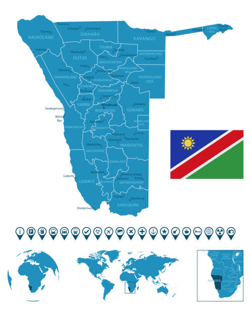 ilustrações, clipart, desenhos animados e ícones de namíbia - mapa detalhado do país azul com cidades, regiões, localização no mapa do mundo e globo. ícones de infográficos. - map namibia vector travel locations