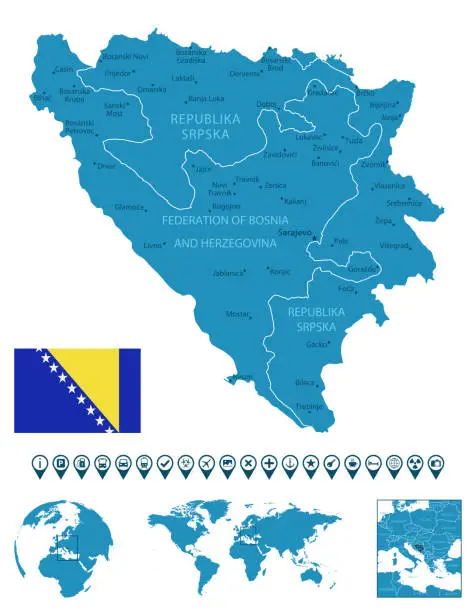 Vector illustration of Bosnia and Herzegovina - detailed blue country map with cities, regions, location on world map and globe. Infographic icons.