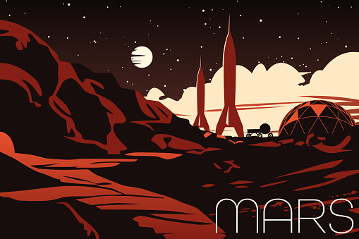 Human Space Colonization Poster. The Surface of Mars. Settlement with a Dome, a Buggy, and Two Spaceships against the Skies with the Distant Sun.