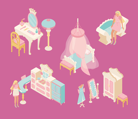 Fashion girl in the world of pink dolls, blond style, furniture, fashion girl attributes, make-up place, kitchen, bedroom, dressing room. Isometric vector illustration.