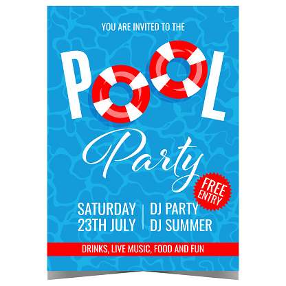 Pool party vector illustration for summer vacation entertainment. Invitation leaflet, flyer, banner or poster with inflatable swimming ring in blue pool water suitable for exotic beach event promo.