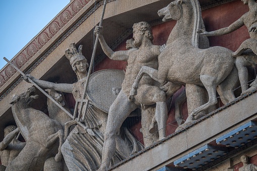 A close-up of the statues of the original Parthenon in Athens