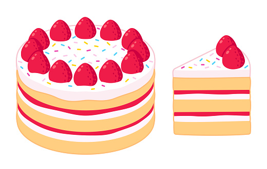 Birthday cake with strawberries and sprinkles, whole and cut slice. Cartoon vector illustration.