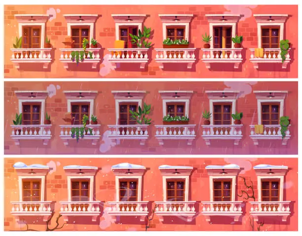 Vector illustration of Vintage europe balcony cartoon exterior season set
