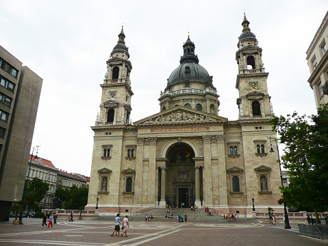 Stock photograph of downtown Tirano with the landmark Basilica Madonna di Tirano shrine in Lombardy, Italy