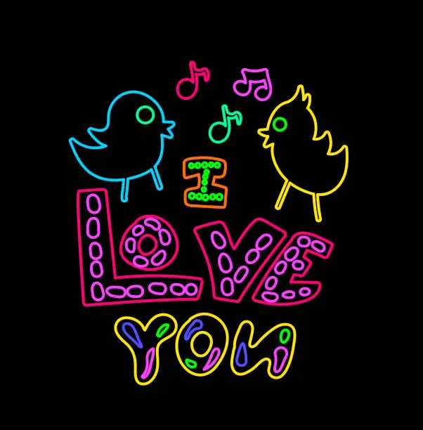 Vector illustration of Neon I love You Birds Night Illumination