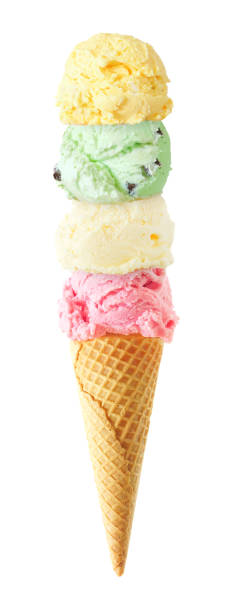 istock Ice cream cone with four scoops isolated on a white background 1490106623