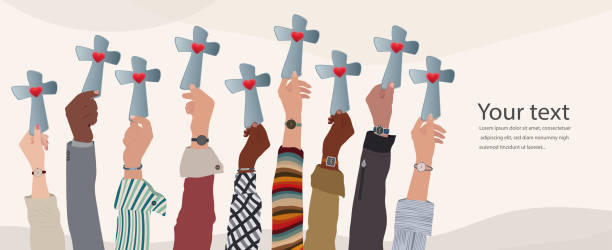 illustrazioni stock, clip art, cartoni animati e icone di tendenza di gruppo di persone alzate con le mani alzate che reggono un crocifisso. culto cristiano. concetto di fede e speranza in gesù cristo. copia i banner spaziali. cristiani evangelici - protestanti - o cattolici - god crucifix cross human hand