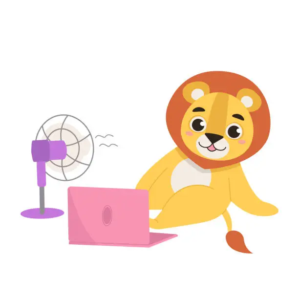 Vector illustration of Cartoon animal is sitting on the floor with a laptop and a fan. Lion with ventilation equipment in hot weather.