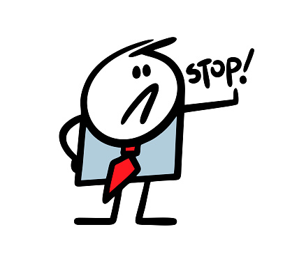 Doodle stickman in a business suit stretched out his palm forward and shielded himself from problems. Vector illustration of a stopping character. Isolated image on white background.