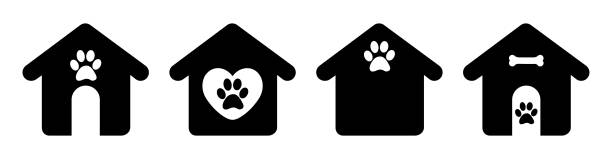 ilustrações, clipart, desenhos animados e ícones de conjunto de ícones da casa do cão, ícone do vetor do canil do cão - in the dog house kennel house isolated